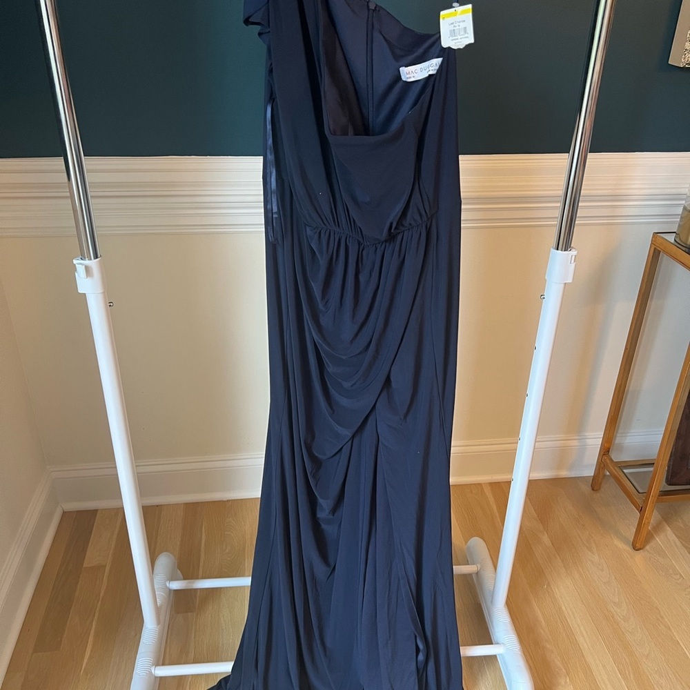 Mac Duggal One-Shoulder Draped Jersey Sheath Gown Navy - Picture 2 of 4